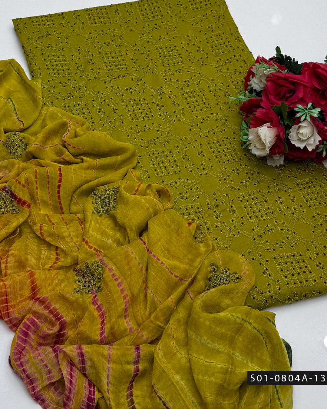 3PC Lawn Aari Embroidered Dress with Moti Dana & Chiffon Dupatta