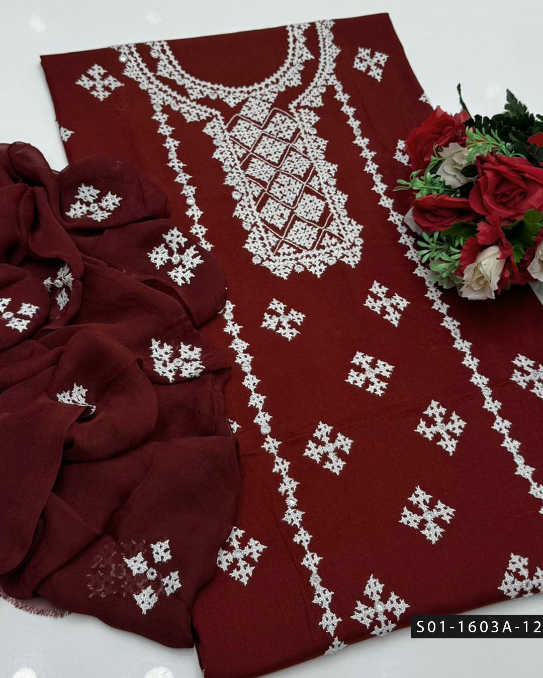 3PC Premium Lawn Handmade Sindhi Embroidery Dress with Sheesha Work & Chiffon Dupatta