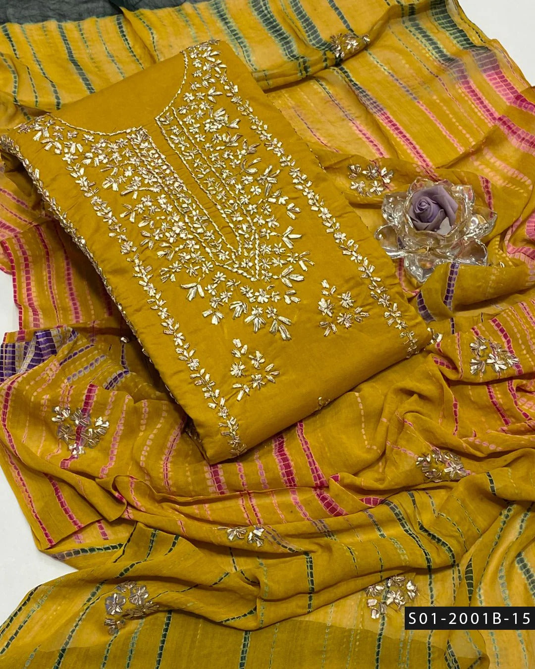 3PC Lawn Handmade Gotta Work Suit with Tie-Dye Chiffon Dupatta