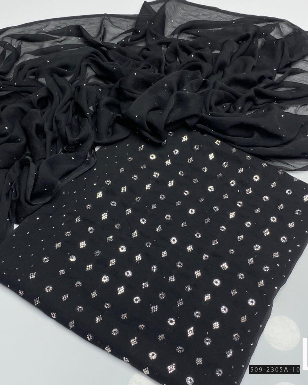 Handmade 2 PC Unstitched Chiffon Dress – Barfi Ring Mukesh Work Shirt & Dupatta