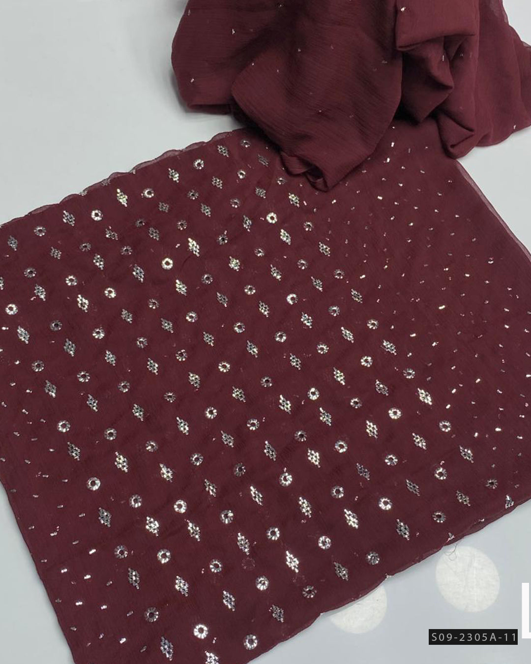 Handmade 2 PC Unstitched Chiffon Dress – Barfi Ring Mukesh Work Shirt & Dupatta