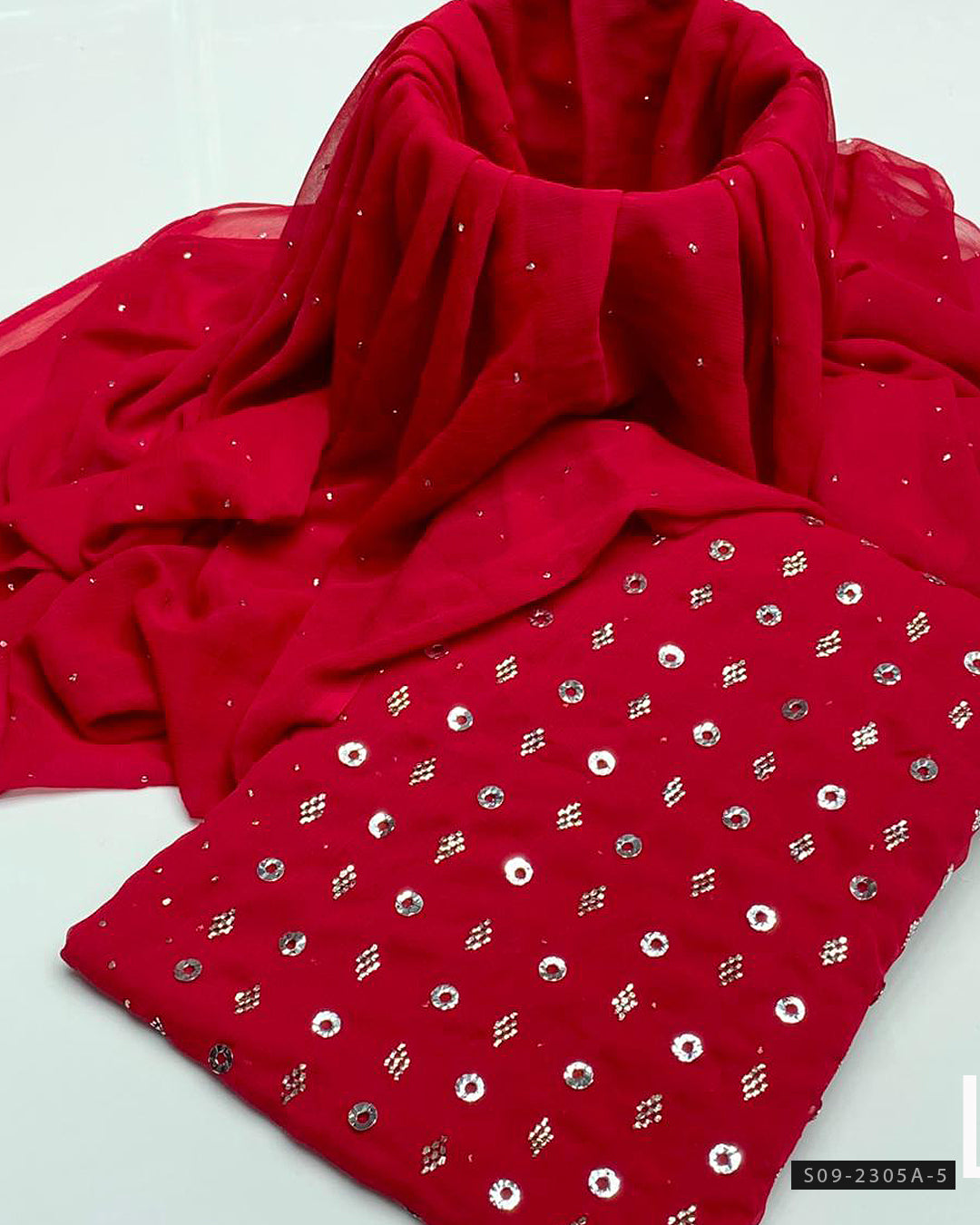 Handmade 2 PC Unstitched Chiffon Dress – Barfi Ring Mukesh Work Shirt & Dupatta