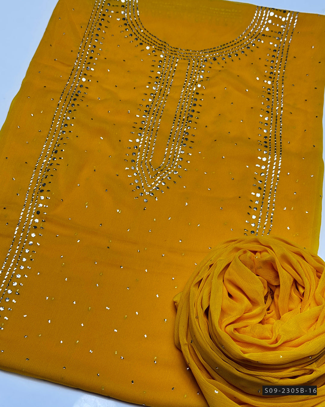 2 PC Unstitched Chiffon Mukesh Work Dress – Kurta Bail Design with Dupatta Spray