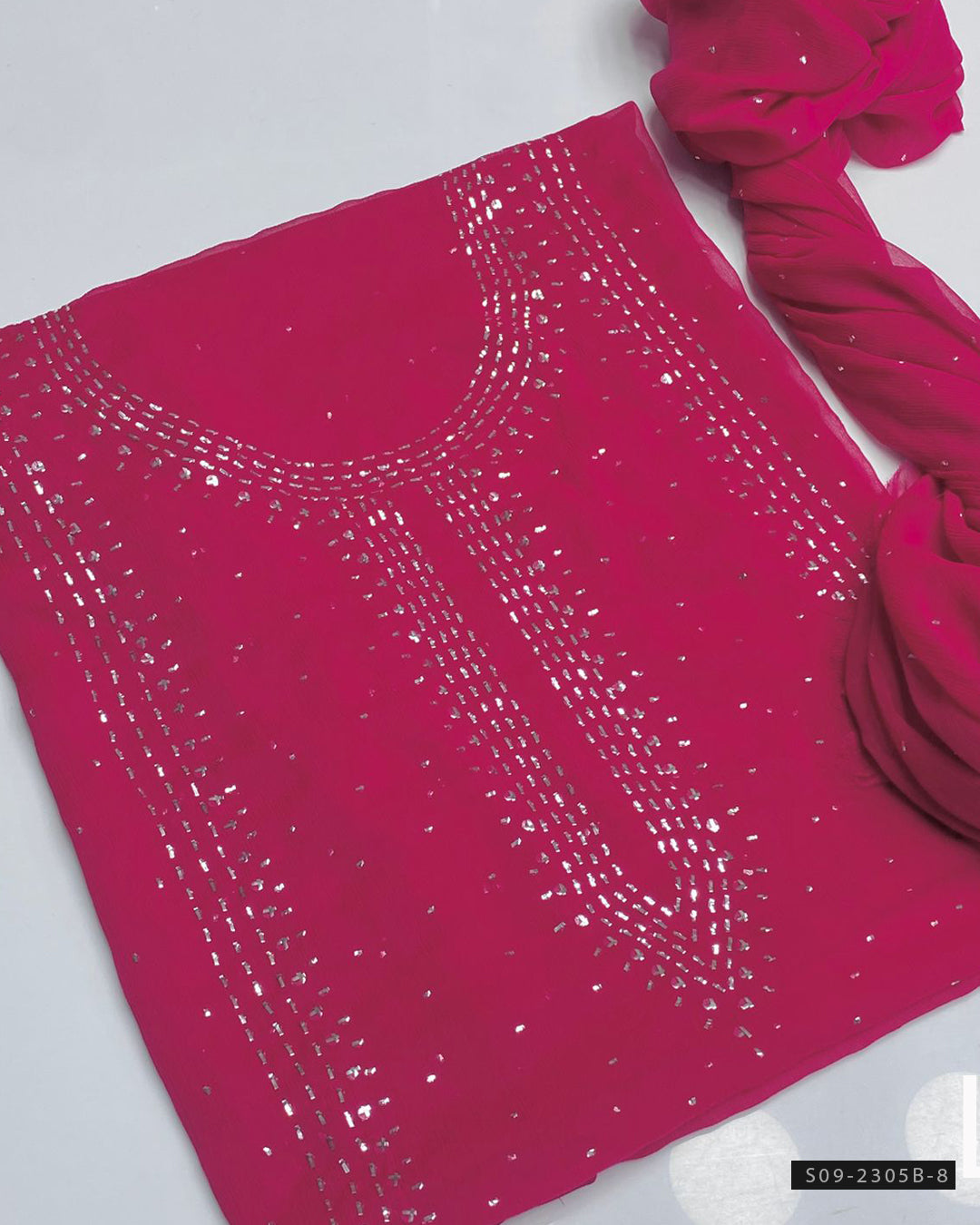 2 PC Unstitched Chiffon Mukesh Work Dress – Kurta Bail Design with Dupatta Spray