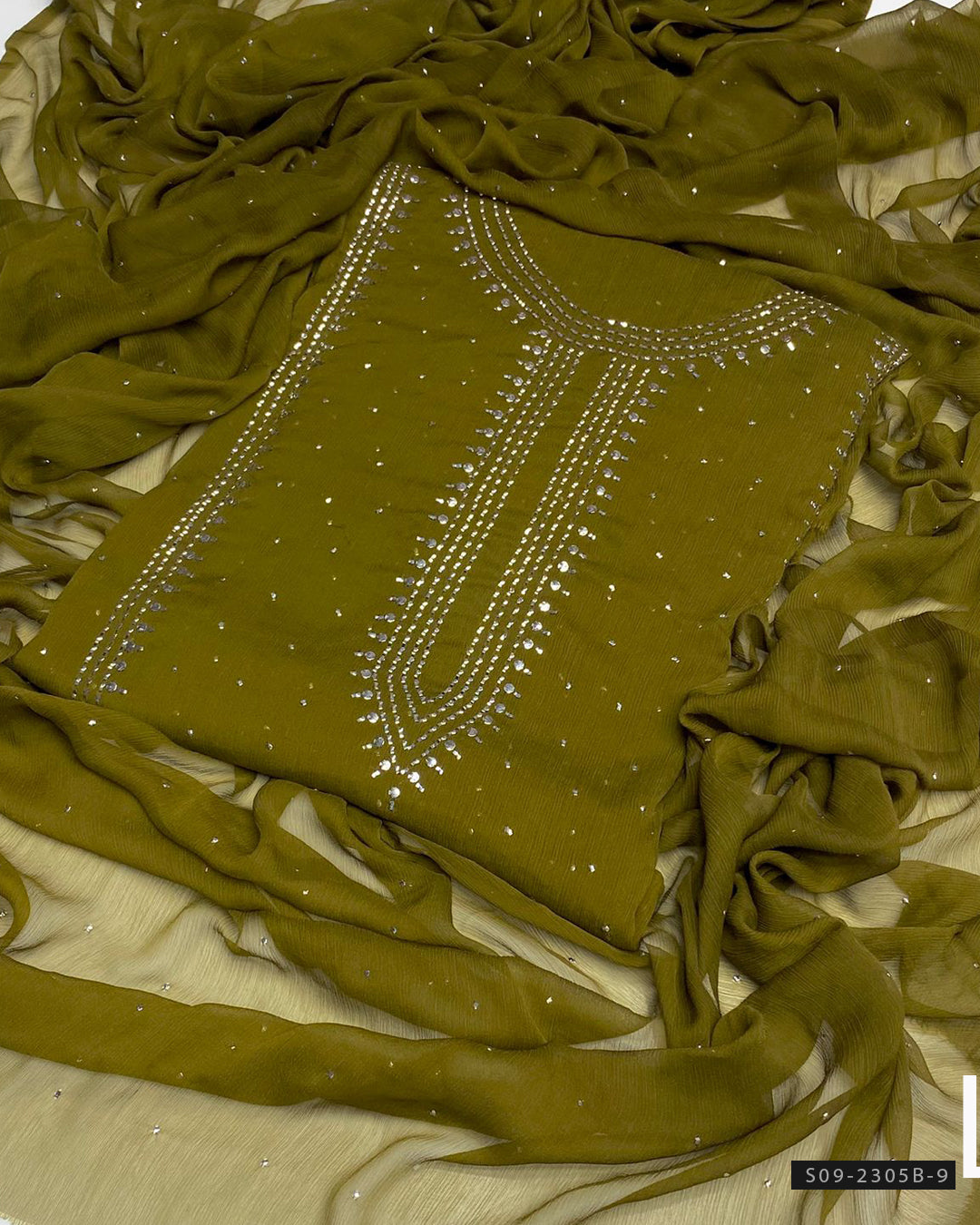 2 PC Unstitched Chiffon Mukesh Work Dress – Kurta Bail Design with Dupatta Spray