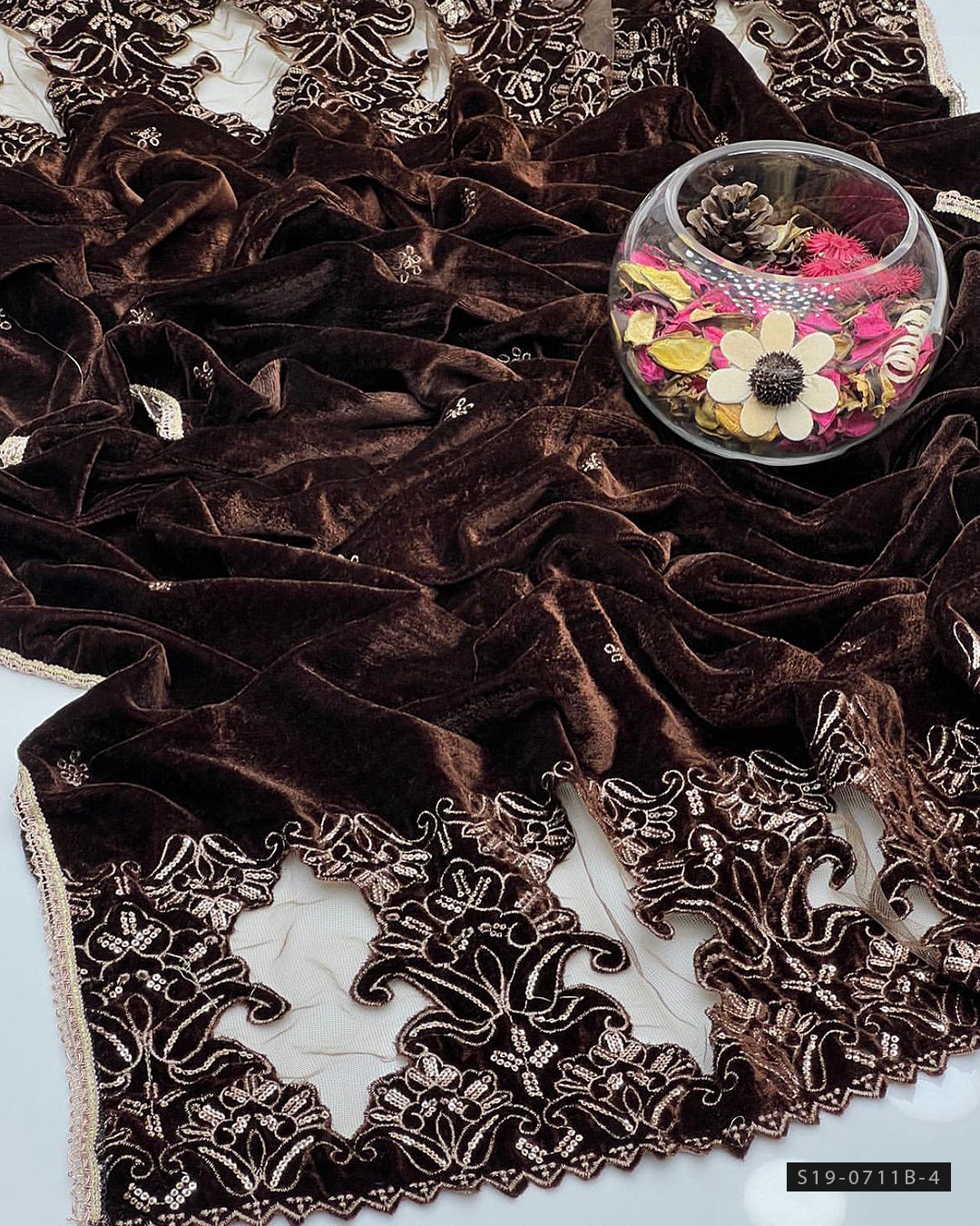 Winter Velvet Shawl – Cut Work & Sequin Embroidery