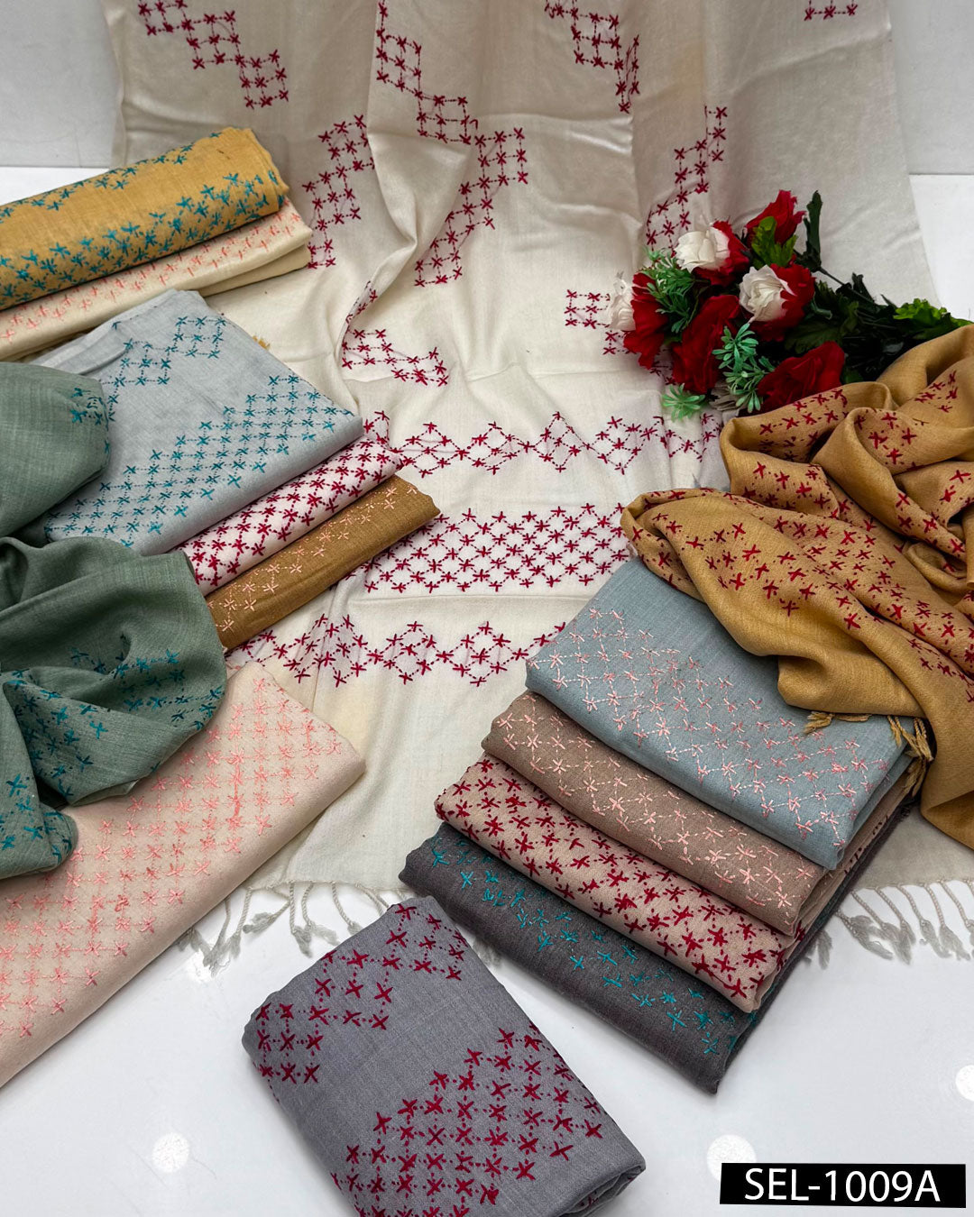 Pure Wool Swati Hand Embroidered Shawl | Chawal Tanka Jaal