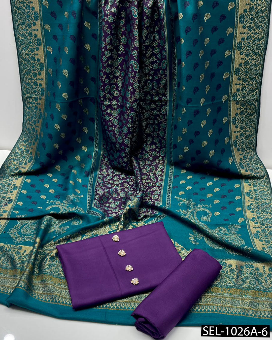 3-Piece Dhanak Winter Suit with Jacquard Banarsi Pashmina Wool Shawl