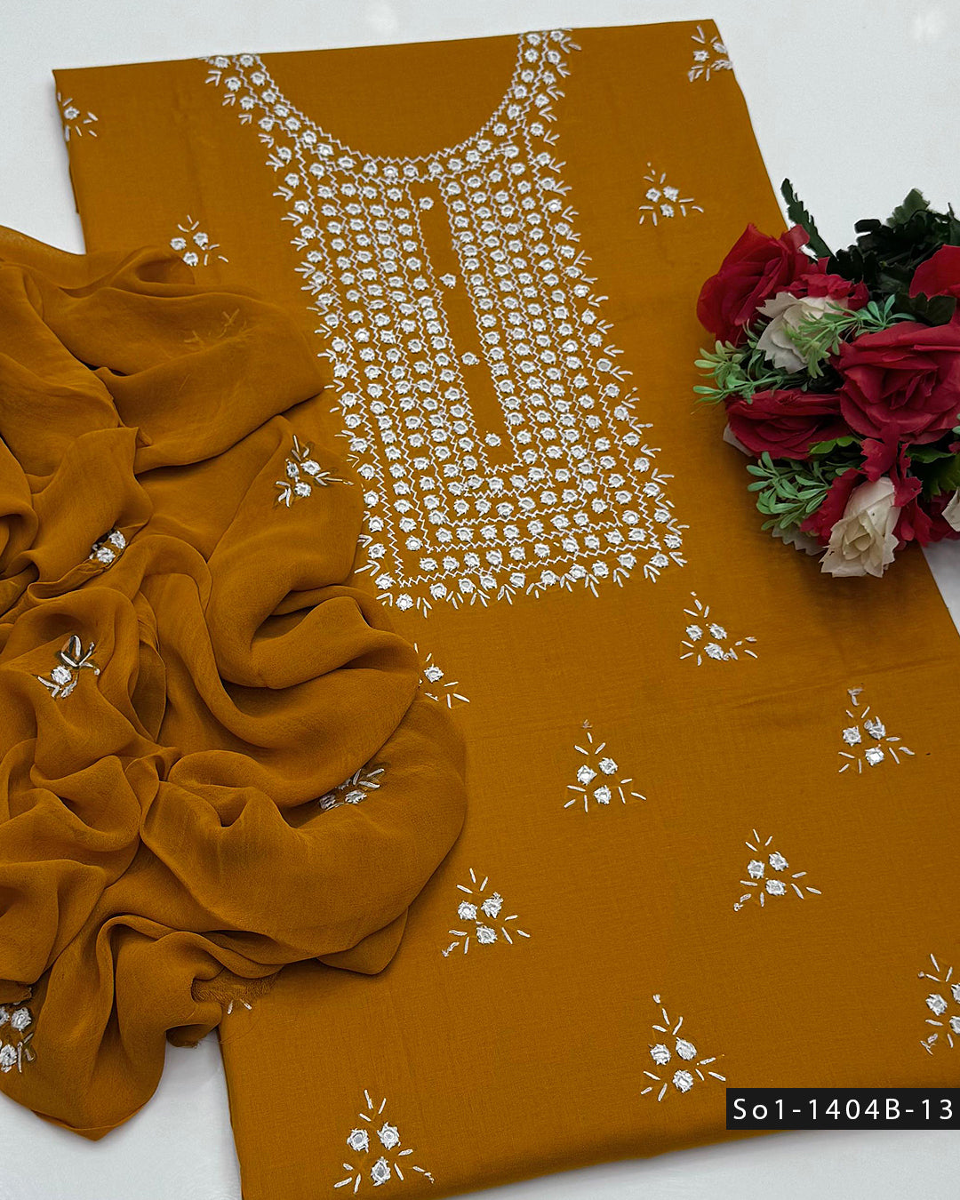Handmade 3PC Lawn Dress with Sheesha Work & Embroidered Chiffon Dupatta