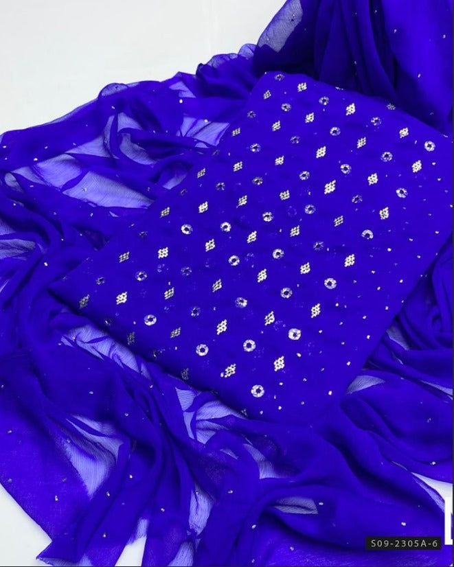 Handmade 2 PC Unstitched Chiffon Dress – Barfi Ring Mukesh Work Shirt & Dupatta