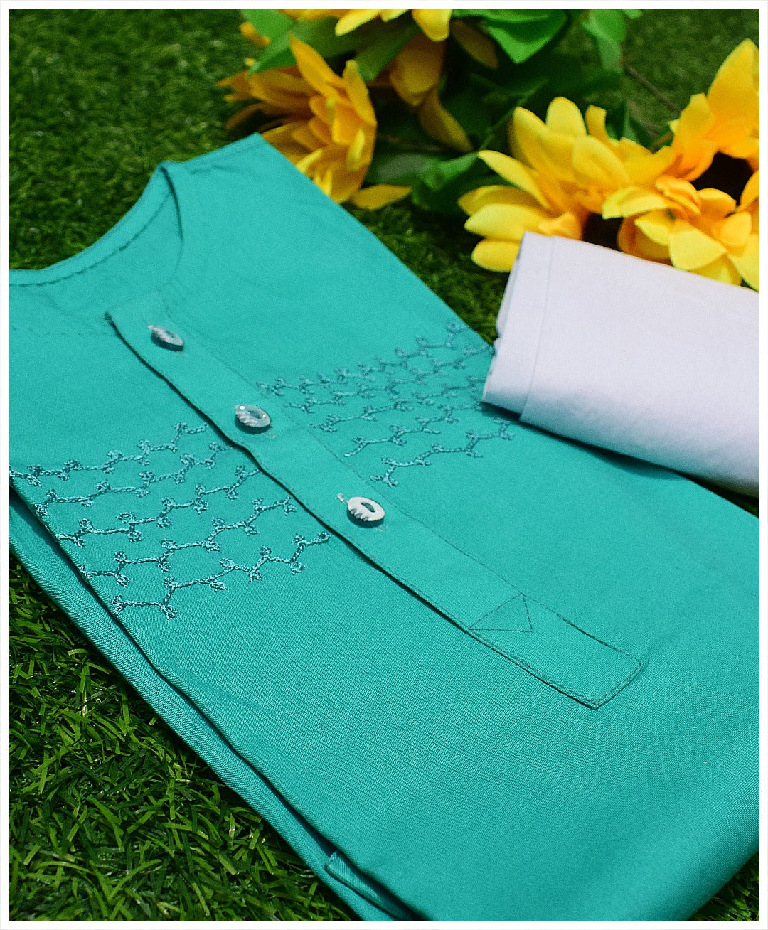 Elegant Sea Green Kurta & White Shalwar Set