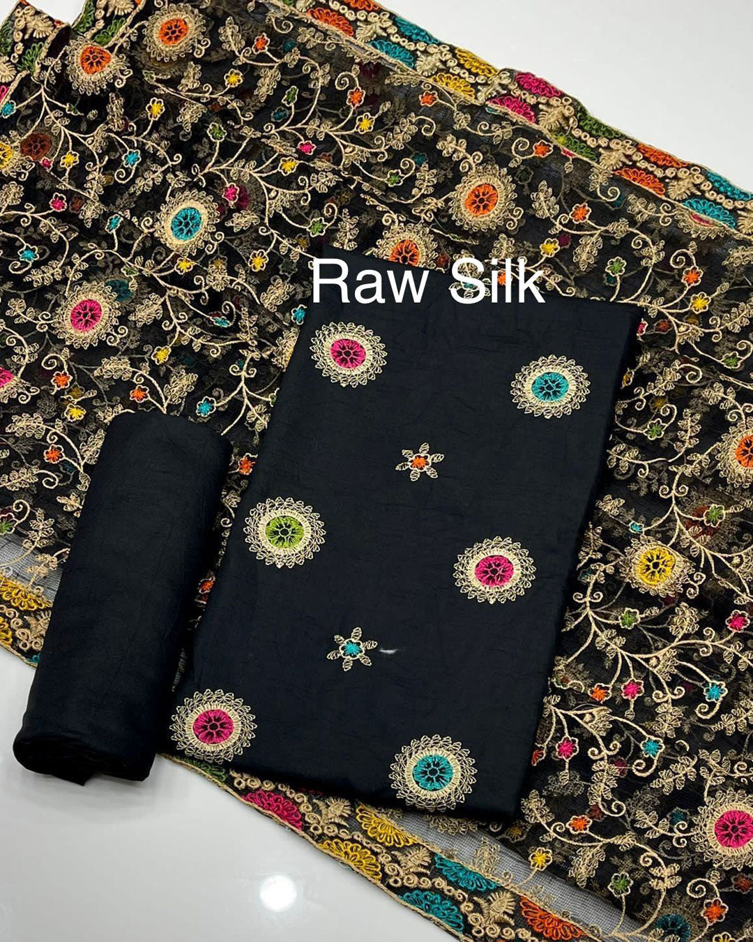 3 PC Unstitched Raw Silk Embroidered Set