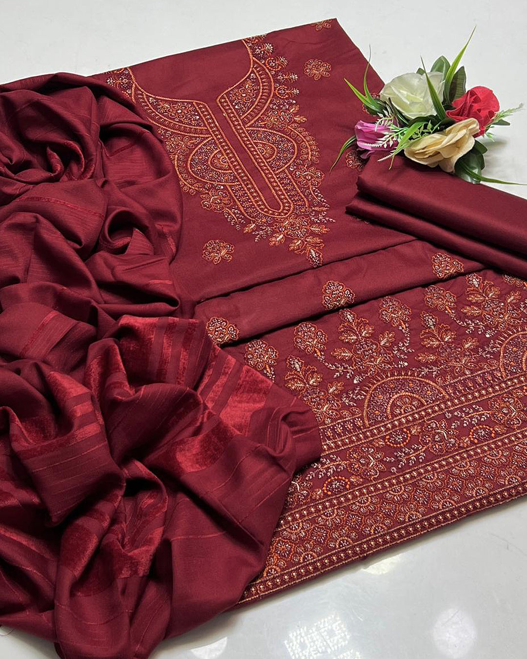 3 PC Unstitched Dhanak Embroidered Dresses