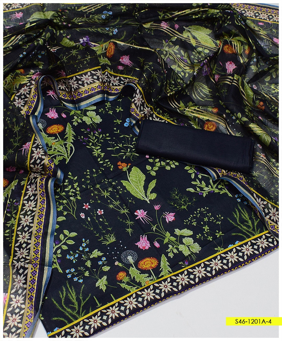 3 PC Unstitched Premium Lawn Digital Print Shirt & Dupatta With Dyed Trouser