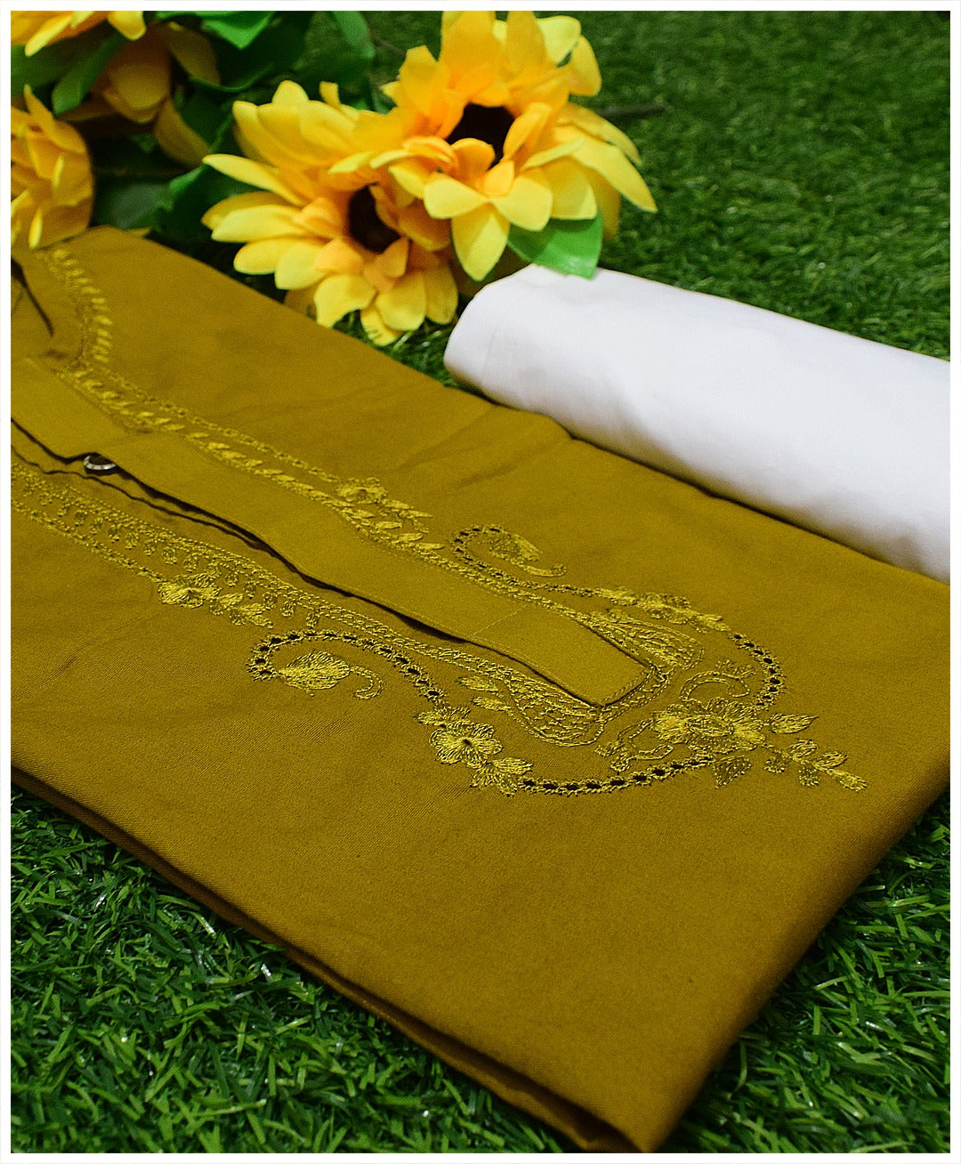 A Touch of Elegance: Mehndi Green Kids Kurta Shalwar with Handwork