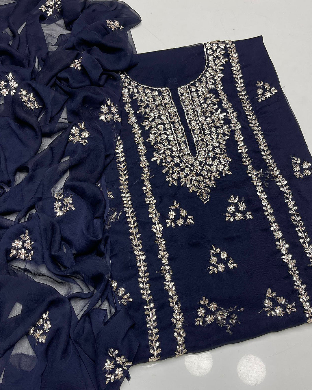 Hand Embroidered Bamber Chiffon Gotta Work Shirt and Dupatta