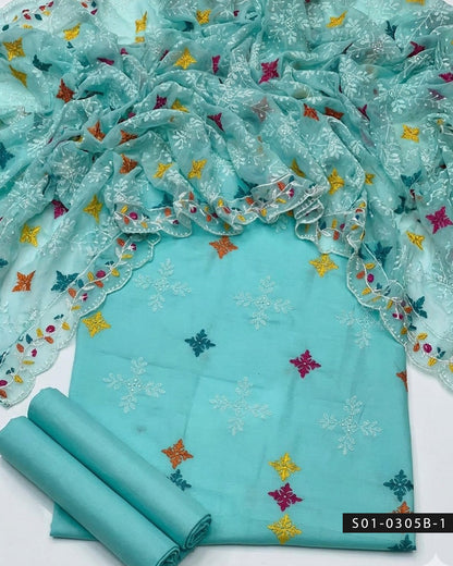 3PC Machine Embroidered Multi Booti Lawn Dress with Chiffon Dupatta