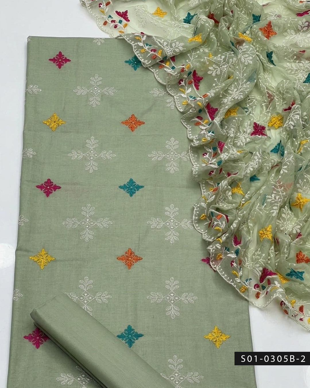 3PC Machine Embroidered Multi Booti Lawn Dress with Chiffon Dupatta