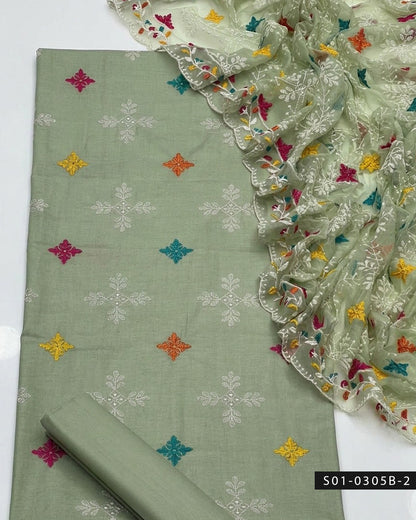 3PC Machine Embroidered Multi Booti Lawn Dress with Chiffon Dupatta