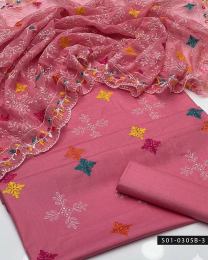 3PC Machine Embroidered Multi Booti Lawn Dress with Chiffon Dupatta