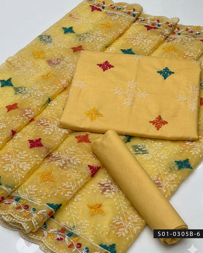 3PC Machine Embroidered Multi Booti Lawn Dress with Chiffon Dupatta