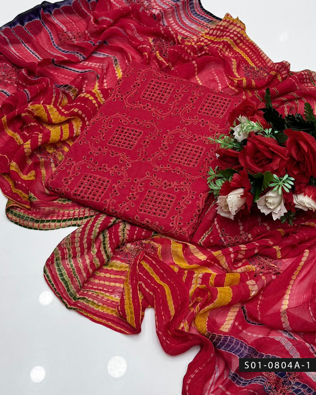 3PC Lawn Aari Embroidered Dress with Moti Dana & Chiffon Dupatta