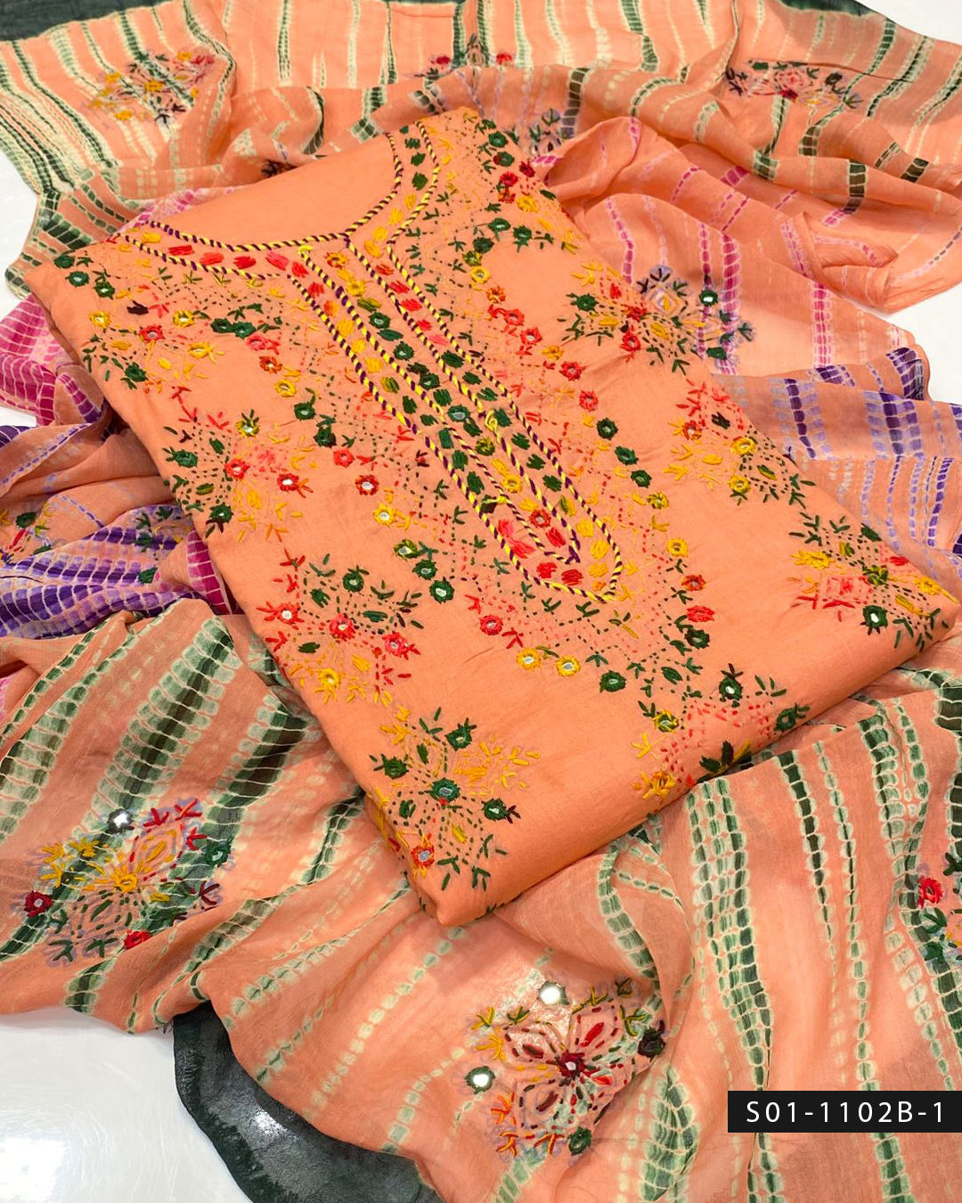 Handmade Afghani Sheesha Work 3PC Lawn Suit with Tie & Dye Chiffon Dupatta