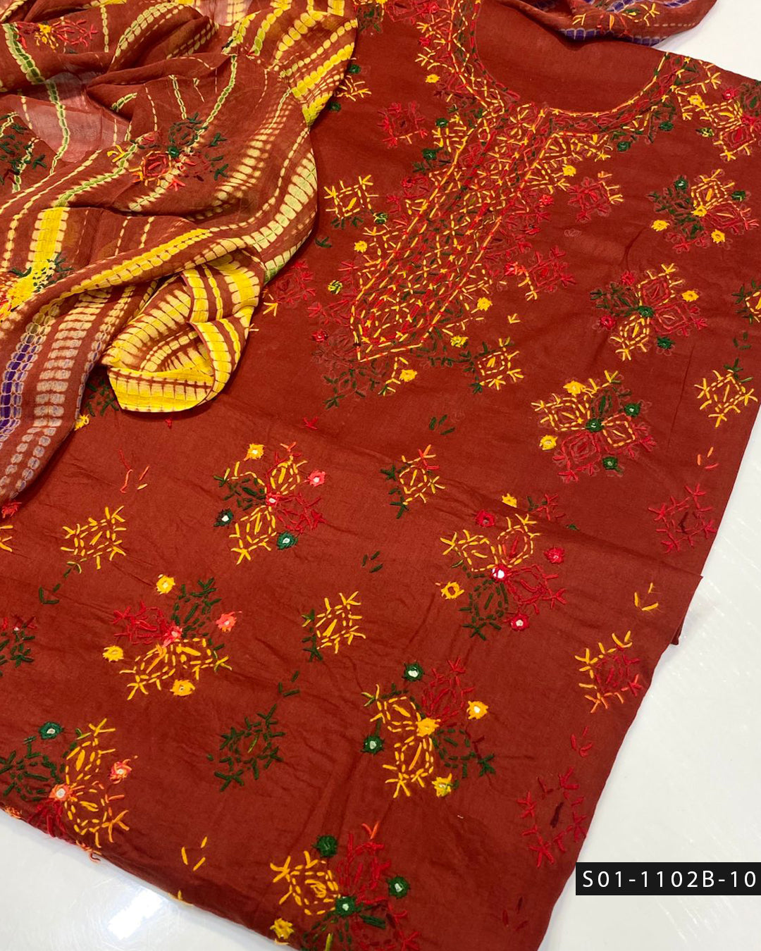 Handmade Afghani Sheesha Work 3PC Lawn Suit with Tie & Dye Chiffon Dupatta