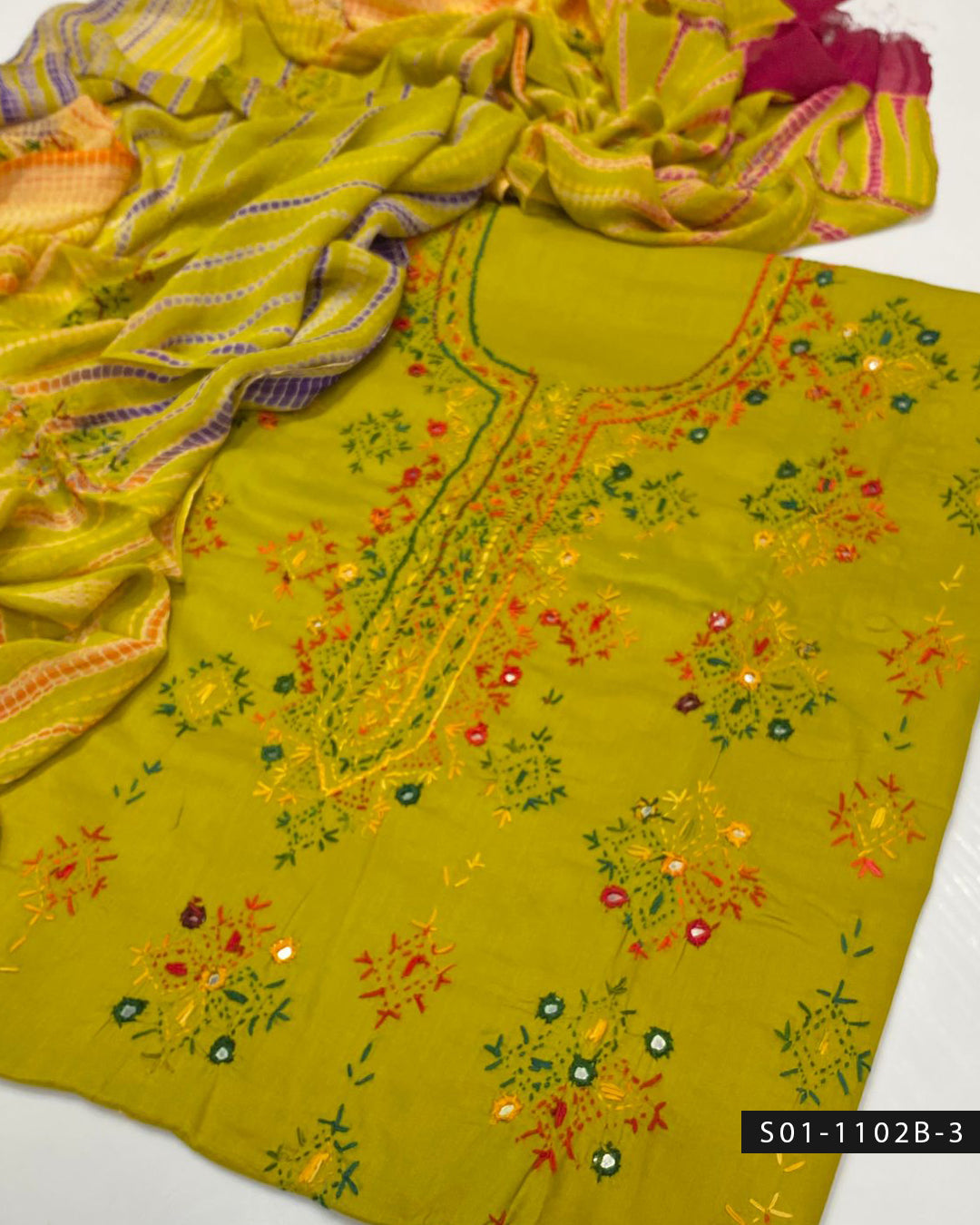 Handmade Afghani Sheesha Work 3PC Lawn Suit with Tie & Dye Chiffon Dupatta