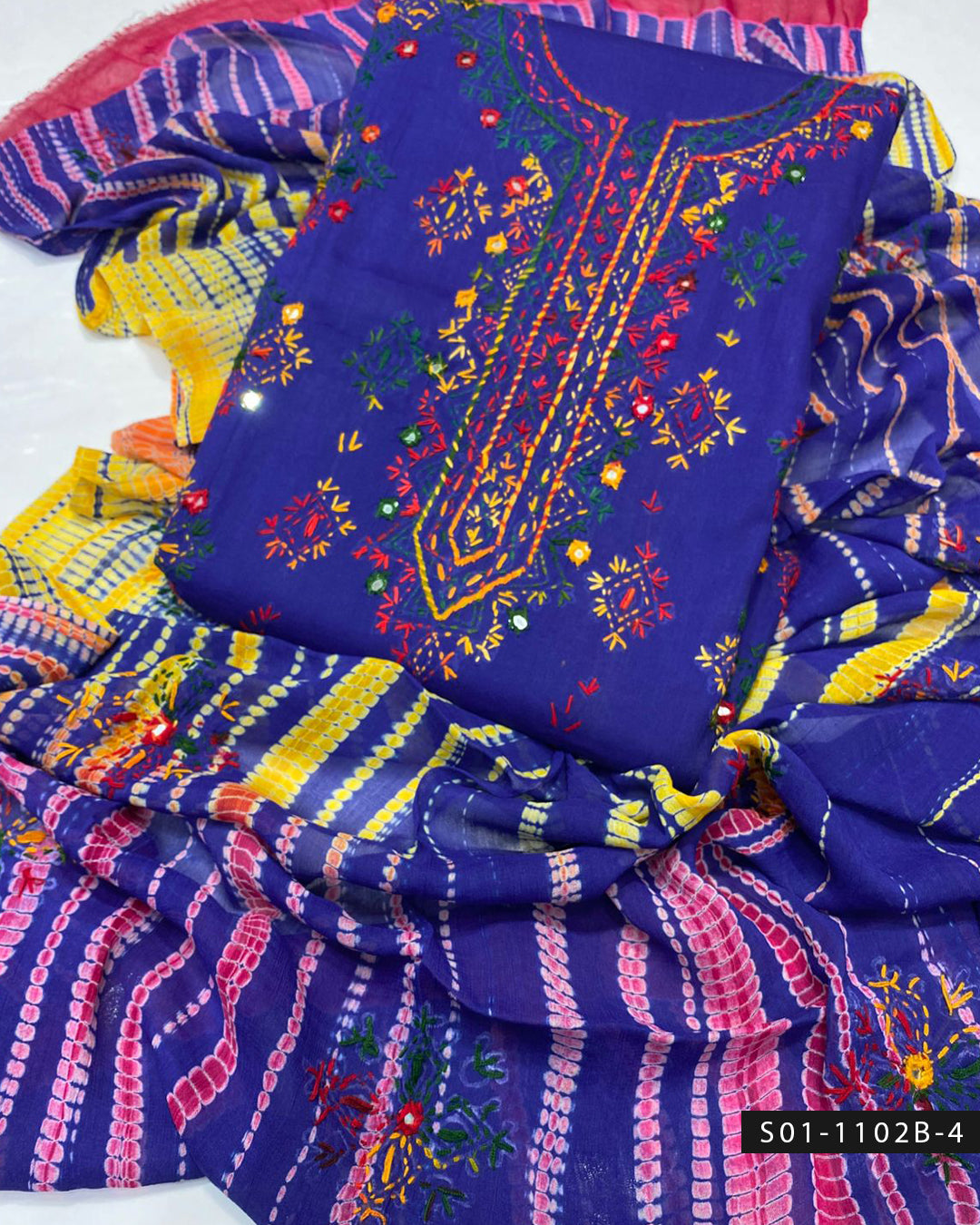 Handmade Afghani Sheesha Work 3PC Lawn Suit with Tie & Dye Chiffon Dupatta