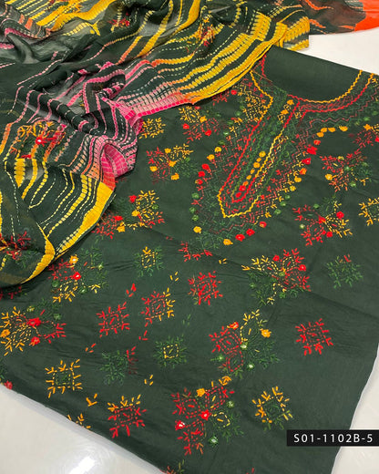 Handmade Afghani Sheesha Work 3PC Lawn Suit with Tie & Dye Chiffon Dupatta