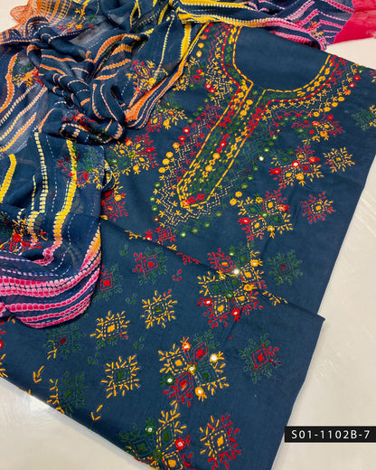 Handmade Afghani Sheesha Work 3PC Lawn Suit with Tie & Dye Chiffon Dupatta