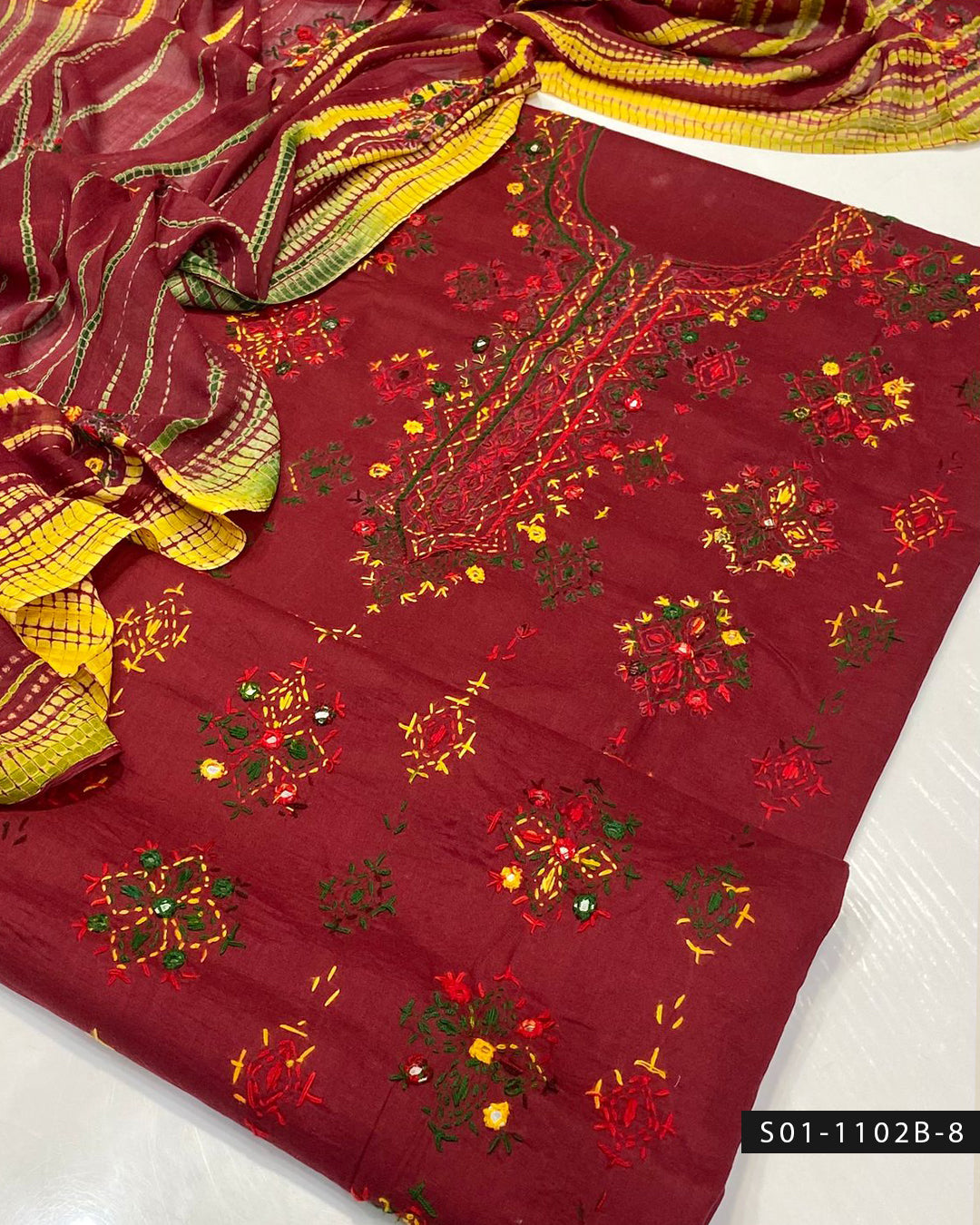 Handmade Afghani Sheesha Work 3PC Lawn Suit with Tie & Dye Chiffon Dupatta