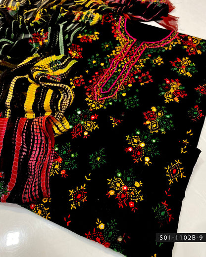 Handmade Afghani Sheesha Work 3PC Lawn Suit with Tie & Dye Chiffon Dupatta