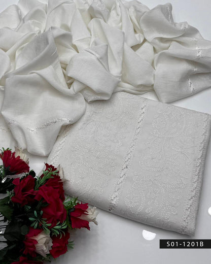 3PC Shadow Work Jaal Lawn | Handmade White  Edition