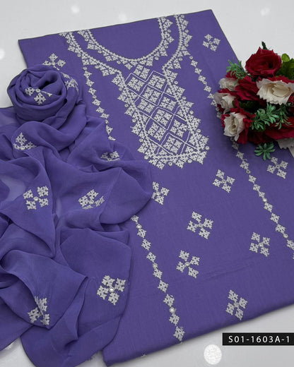 3PC Premium Lawn Handmade Sindhi Embroidery Dress with Sheesha Work & Chiffon Dupatta