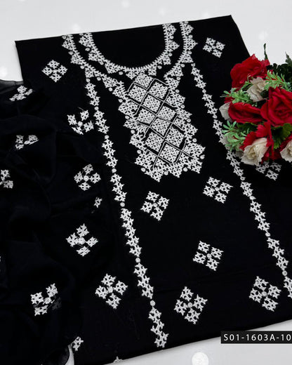 3PC Premium Lawn Handmade Sindhi Embroidery Dress with Sheesha Work & Chiffon Dupatta