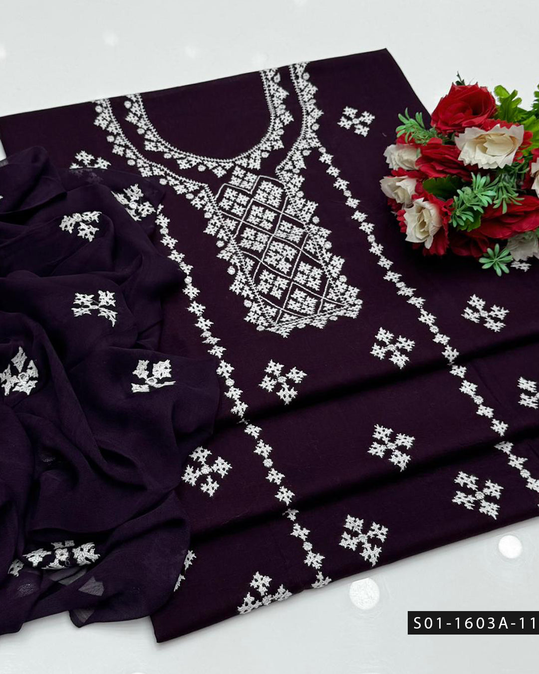 3PC Premium Lawn Handmade Sindhi Embroidery Dress with Sheesha Work & Chiffon Dupatta