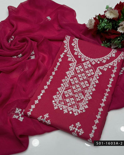 3PC Premium Lawn Handmade Sindhi Embroidery Dress with Sheesha Work & Chiffon Dupatta