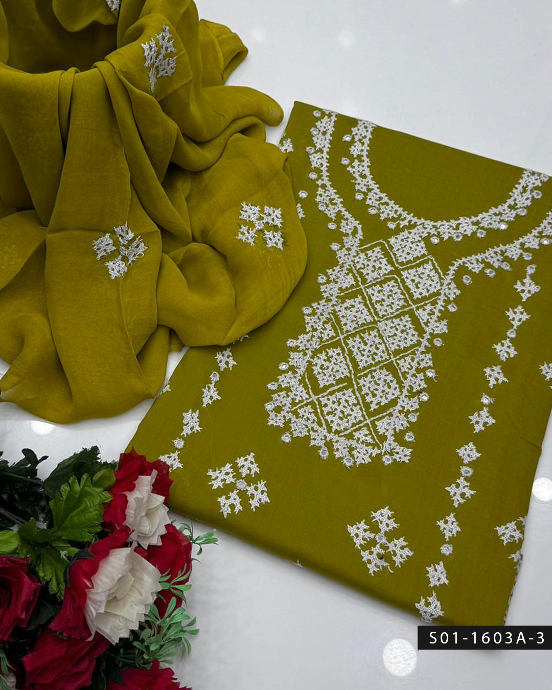 3PC Premium Lawn Handmade Sindhi Embroidery Dress with Sheesha Work & Chiffon Dupatta