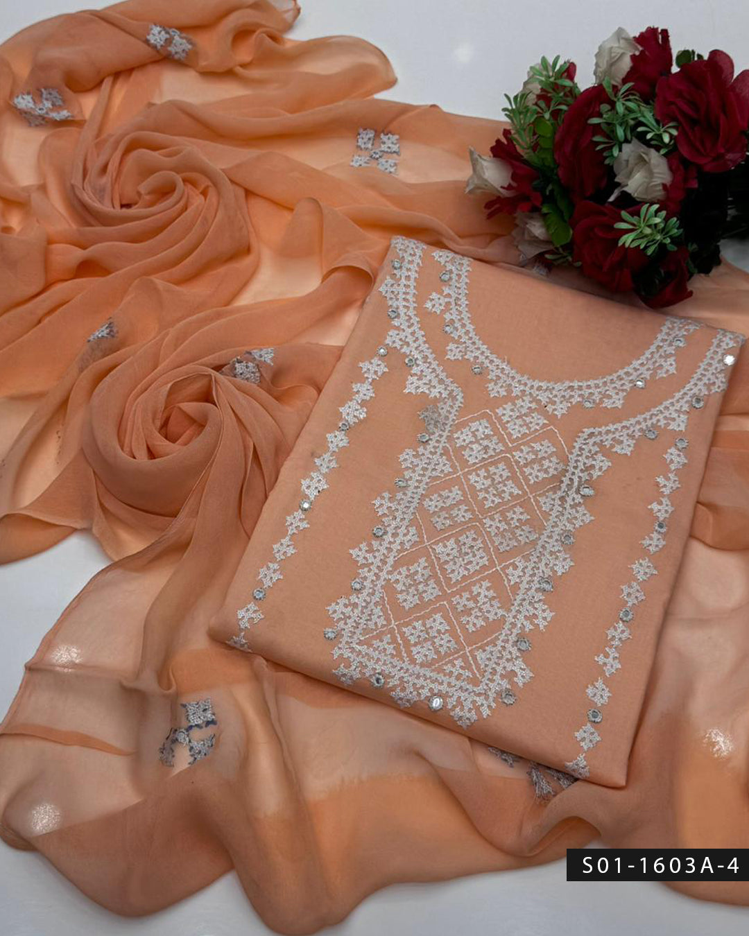 3PC Premium Lawn Handmade Sindhi Embroidery Dress with Sheesha Work & Chiffon Dupatta