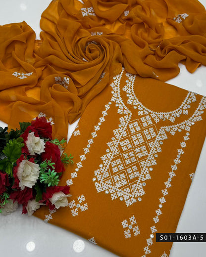 3PC Premium Lawn Handmade Sindhi Embroidery Dress with Sheesha Work & Chiffon Dupatta