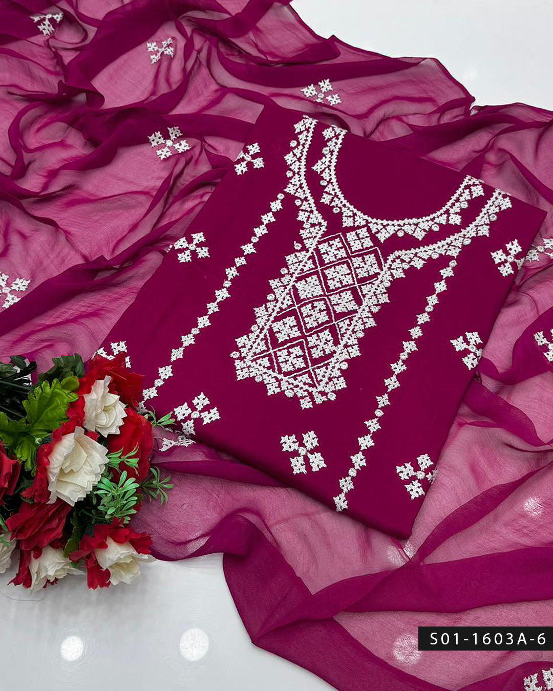 3PC Premium Lawn Handmade Sindhi Embroidery Dress with Sheesha Work & Chiffon Dupatta