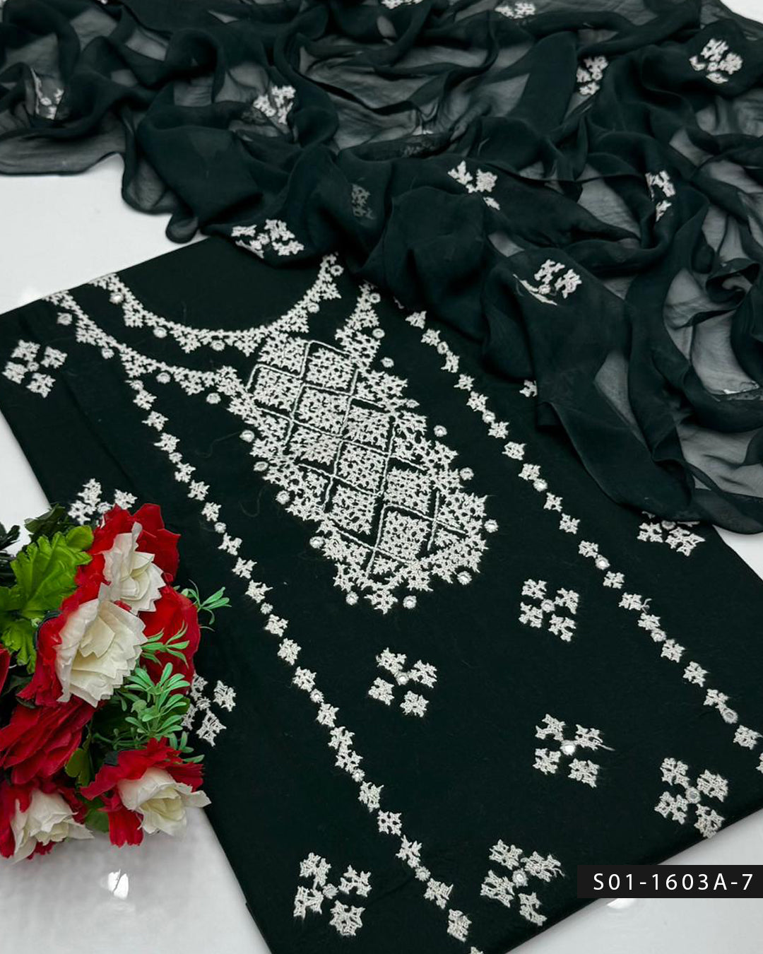 3PC Premium Lawn Handmade Sindhi Embroidery Dress with Sheesha Work & Chiffon Dupatta