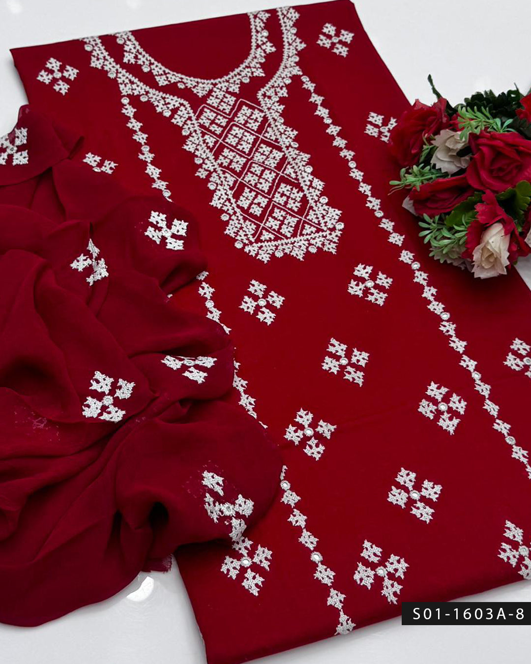 3PC Premium Lawn Handmade Sindhi Embroidery Dress with Sheesha Work & Chiffon Dupatta