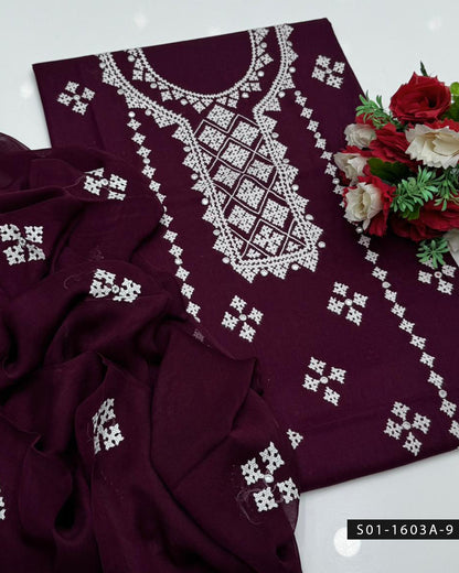 3PC Premium Lawn Handmade Sindhi Embroidery Dress with Sheesha Work & Chiffon Dupatta