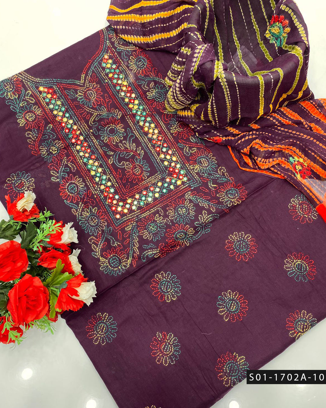 Handmade Shadow Work Sheesha 3PC Lawn Suit with Chiffon Dupatta