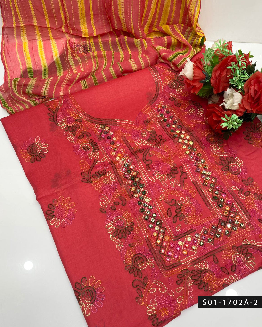 Handmade Shadow Work Sheesha 3PC Lawn Suit with Chiffon Dupatta