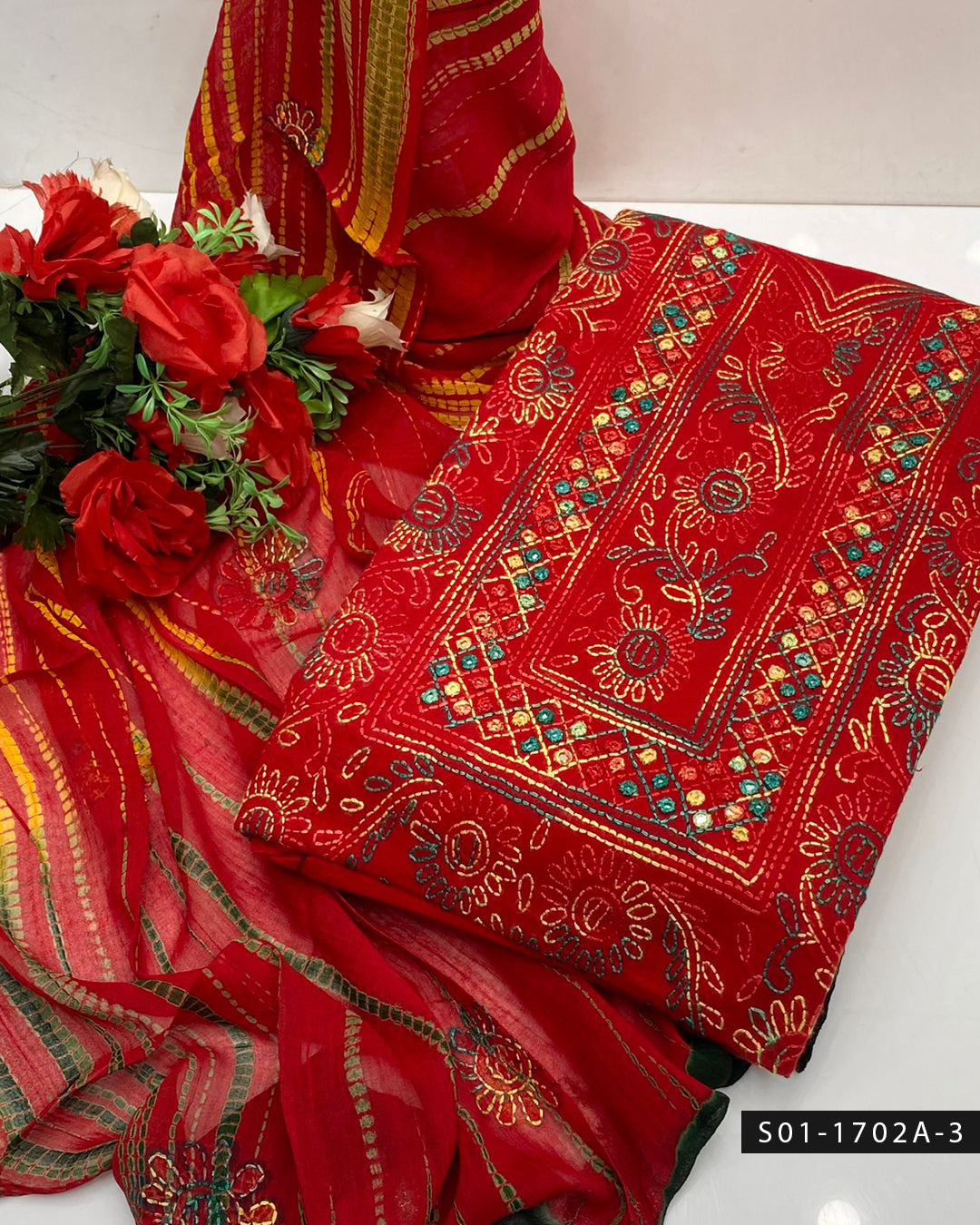 Handmade Shadow Work Sheesha 3PC Lawn Suit with Chiffon Dupatta