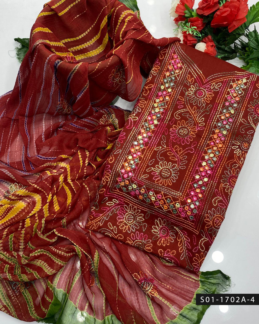 Handmade Shadow Work Sheesha 3PC Lawn Suit with Chiffon Dupatta